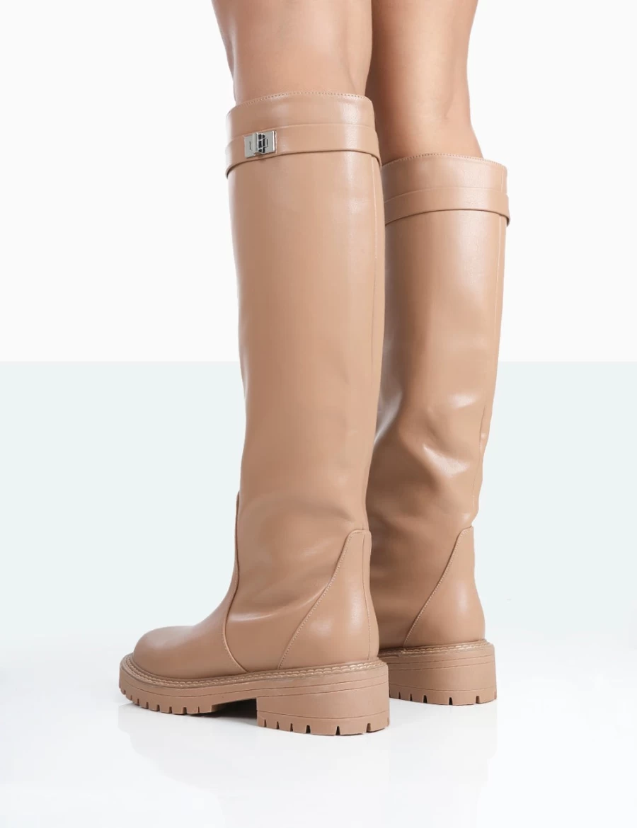Public Desire Women's Caramel Chunky Sole Round Toe Knee High Boots - More Fun Stylish Footwear