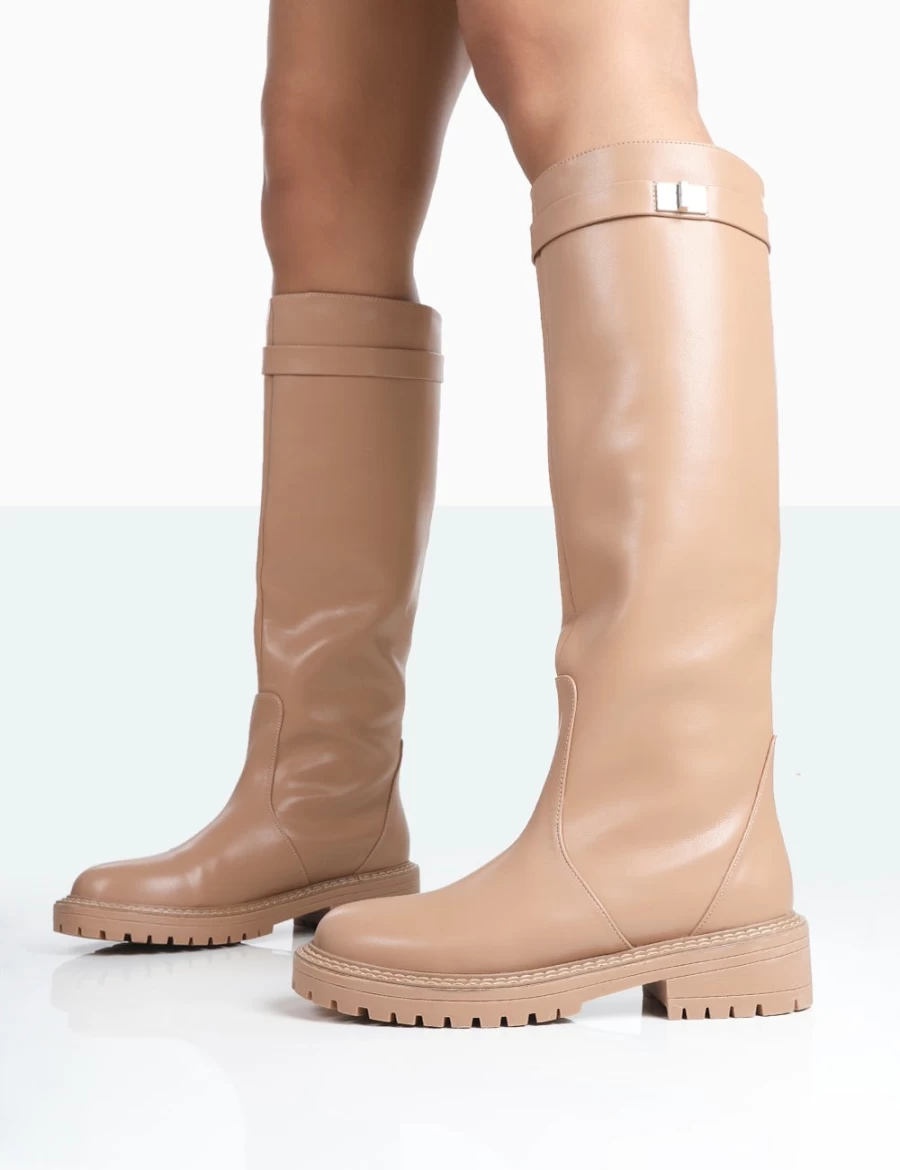 Public Desire Women's Caramel Chunky Sole Round Toe Knee High Boots - More Fun Stylish Footwear
