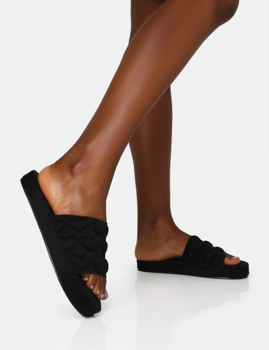 Public Desire Women's Black Nylon Embossed Heart Slider Sandals - Bestie Collection