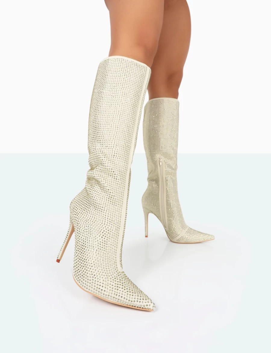 Public Desire Women's Gold Lexi Diamante Stiletto Knee High Boots