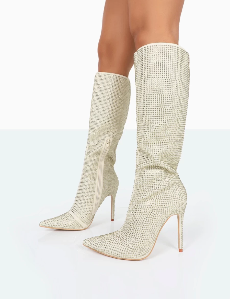 Public Desire Women's Gold Lexi Diamante Stiletto Knee High Boots