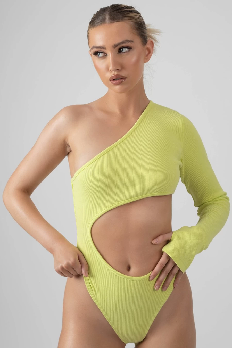 Public Desire Women's Green Ribbed Cut Out One Sleeve Bodysuit - Sexy Lime Bodycon Outfit
