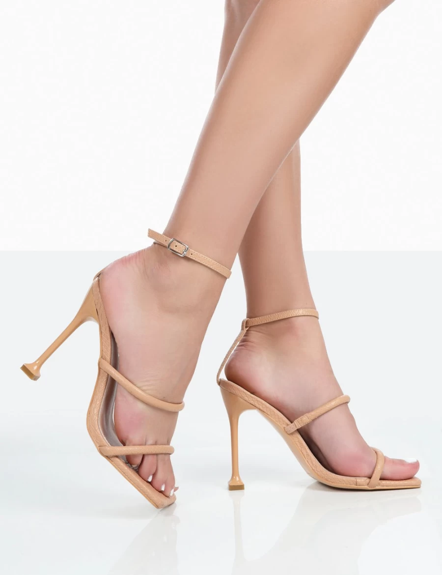 Public Desire Women's Nude Kallipo Reptile PU Strappy Square Toe Heels
