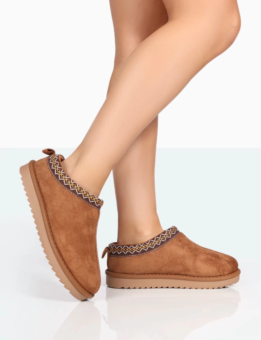 Public Desire Women's Tan Tamsin Embroidered Faux Suede Bootie Slippers