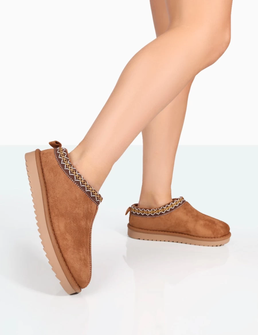 Public Desire Women's Tan Tamsin Embroidered Faux Suede Bootie Slippers