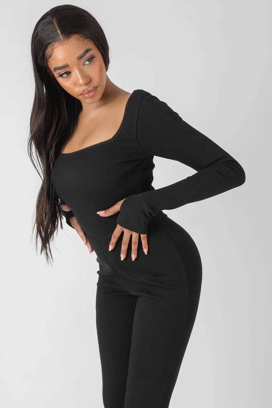 "Public Desire Women's Black Long Sleeve Square Neck Ribbed Jumpsuit"