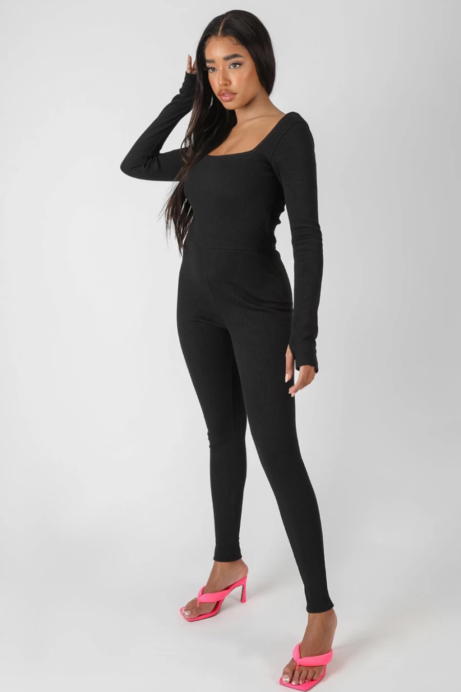 "Public Desire Women's Black Long Sleeve Square Neck Ribbed Jumpsuit"