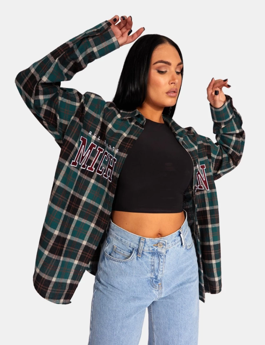 Women's Green Michigan Slogan Check Shirt - Public Desire Forest Plaid Top