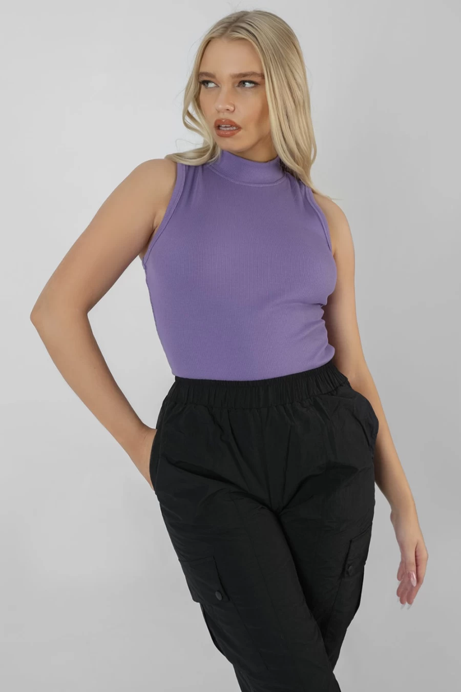 Public Desire Women's Violet High Neck Ribbed Bodysuit - Stretch Fitted Long Sleeve T-Shirt Top