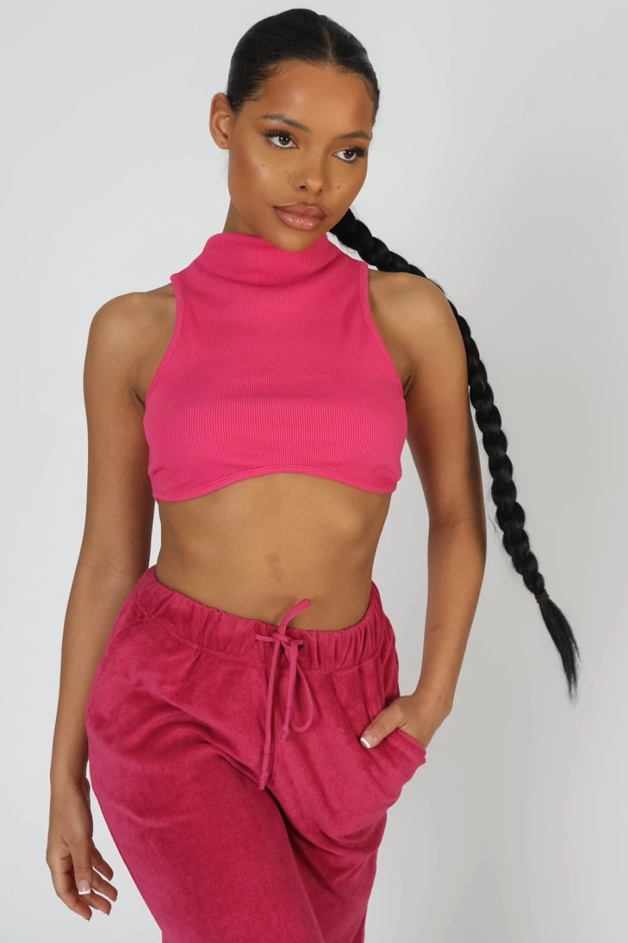 Public Desire Women's Pink Ribbed High Neck Underbust Crop Top