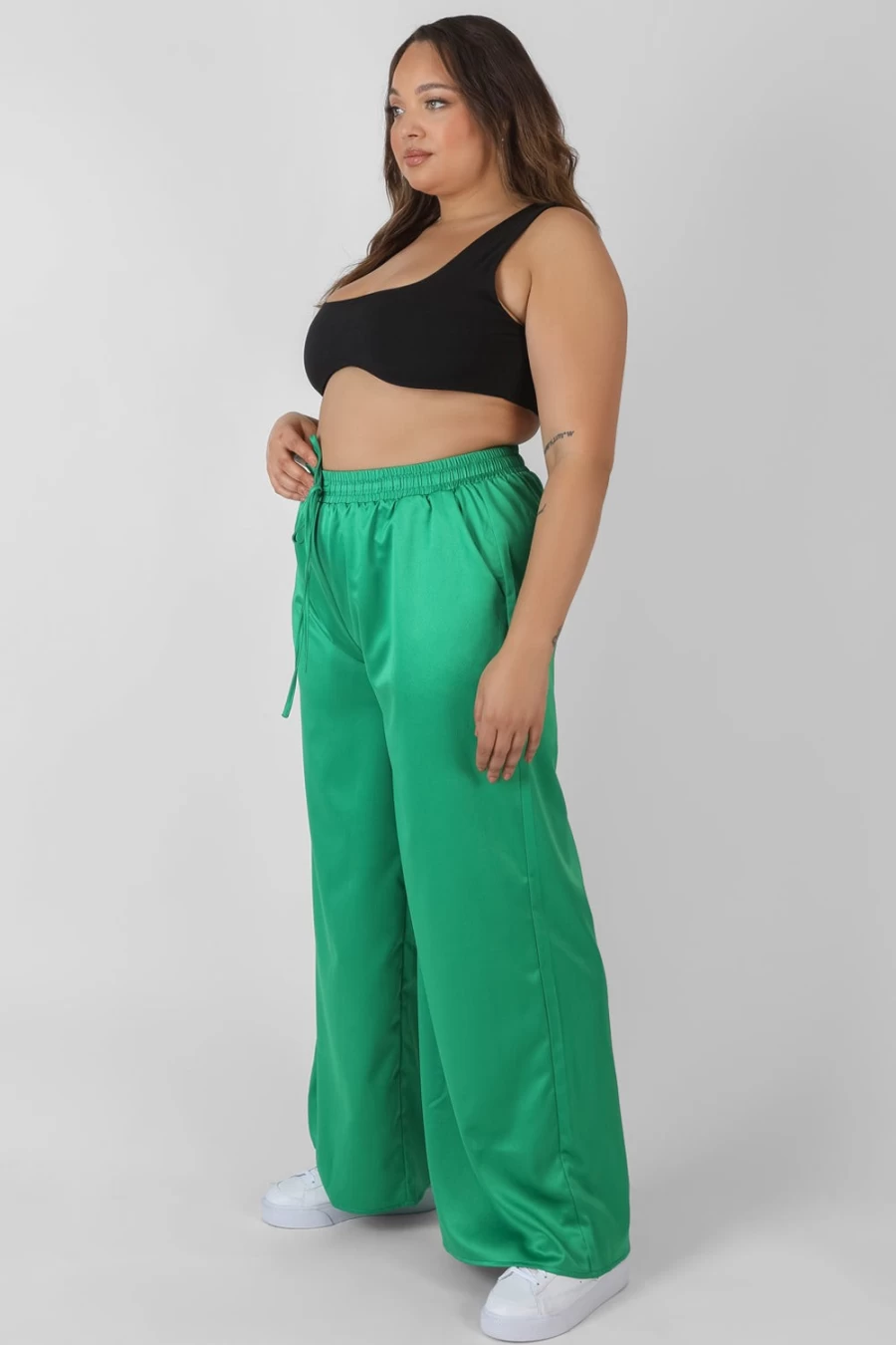 Public Desire Women's Green Satin Curve Wide Leg Trousers
