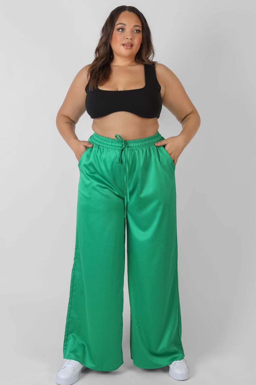 Public Desire Women's Green Satin Curve Wide Leg Trousers
