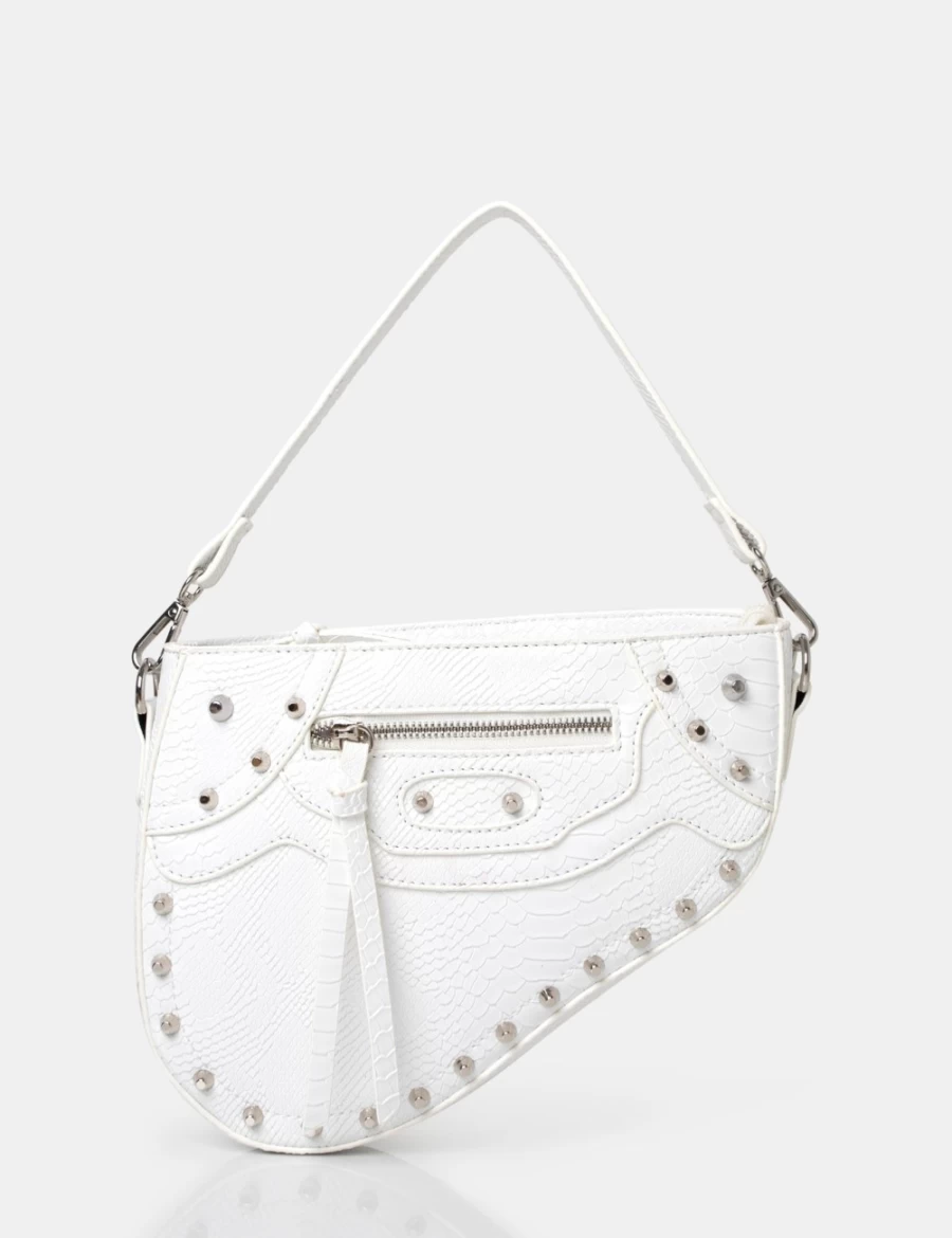 Public Desire Women's White Fox Croc Studded Saddle Shoulder Bag