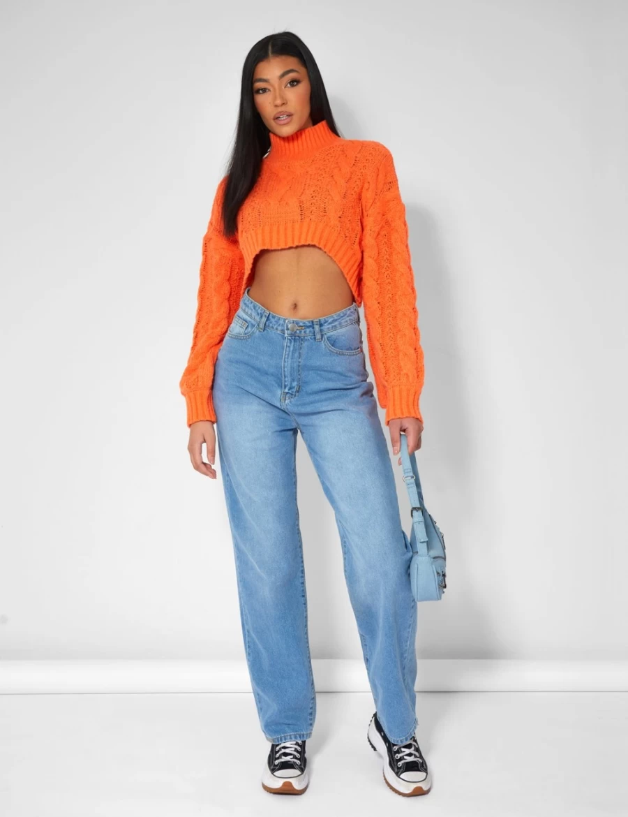 Public Desire Women's Orange Roll Neck Cropped Cable Knit Jumper