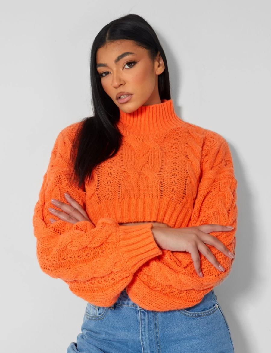 Public Desire Women's Orange Roll Neck Cropped Cable Knit Jumper