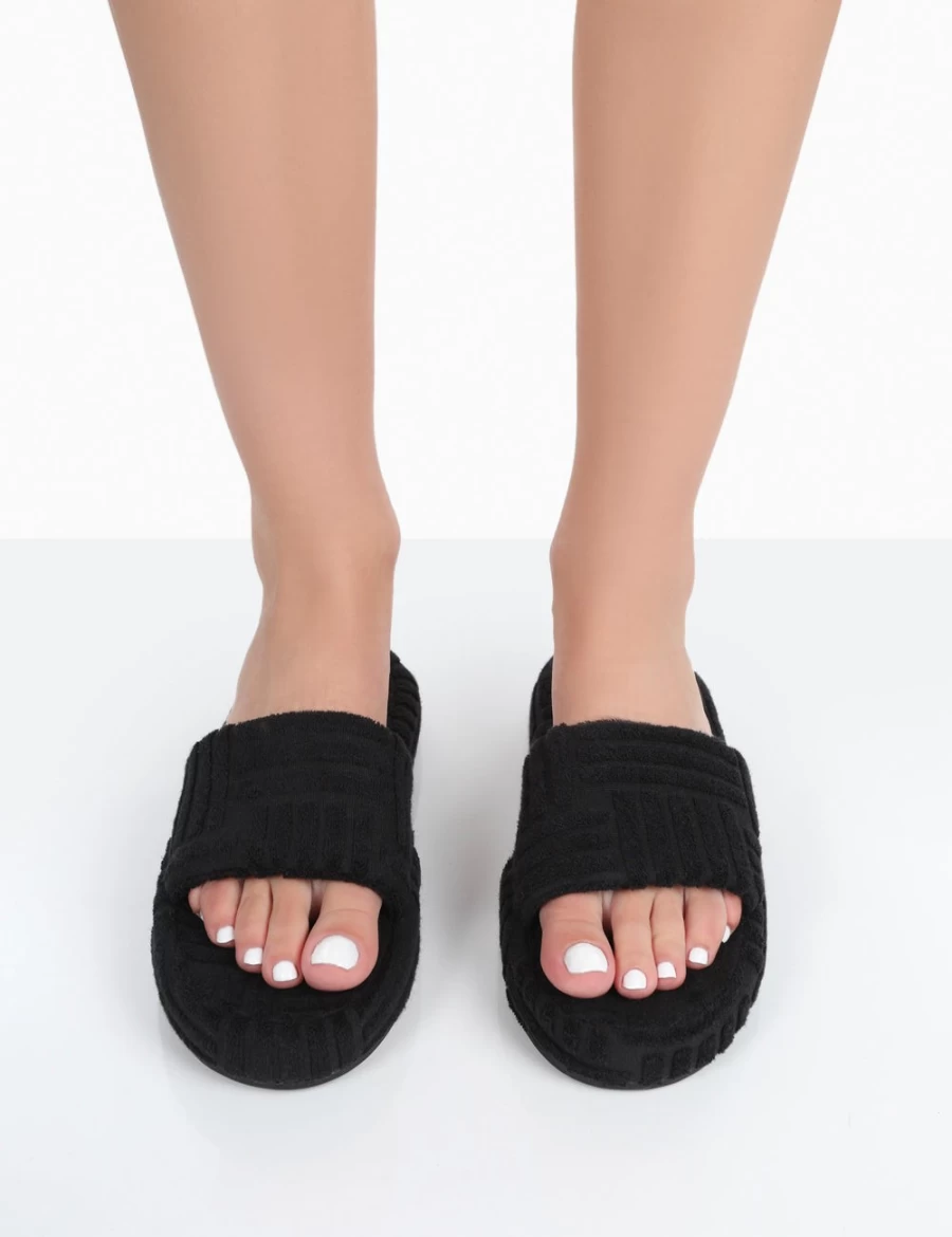 Public Desire Women's Black Terry Towel Slider Slippers - Juicy Comfort Slide Shoes