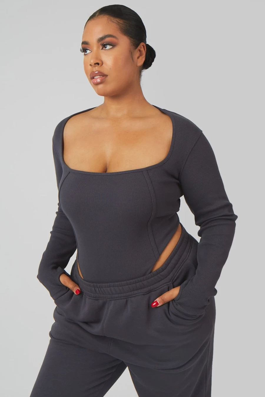 Public Desire Women's Grey Curve Extreme High Leg Bodysuit - Dark Tone Lingerie