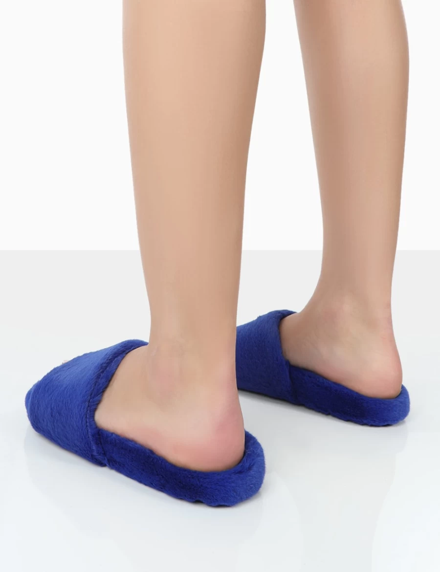 Public Desire Women's Blue Namaste Fluffy Faux Fur Slippers - Cozy Winter House Shoes