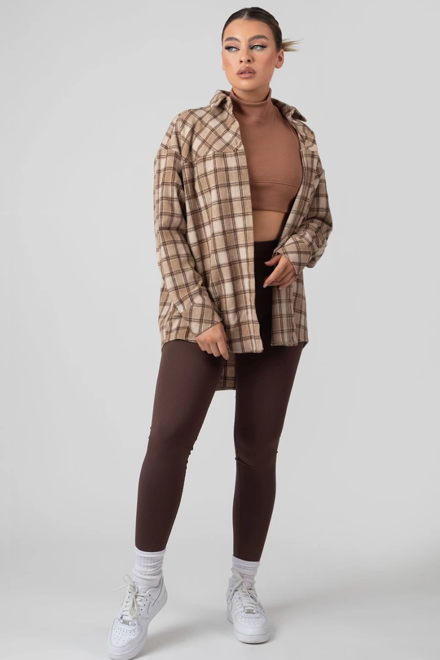 Women's Camel Check Shirt with Button Fastening by Public Desire