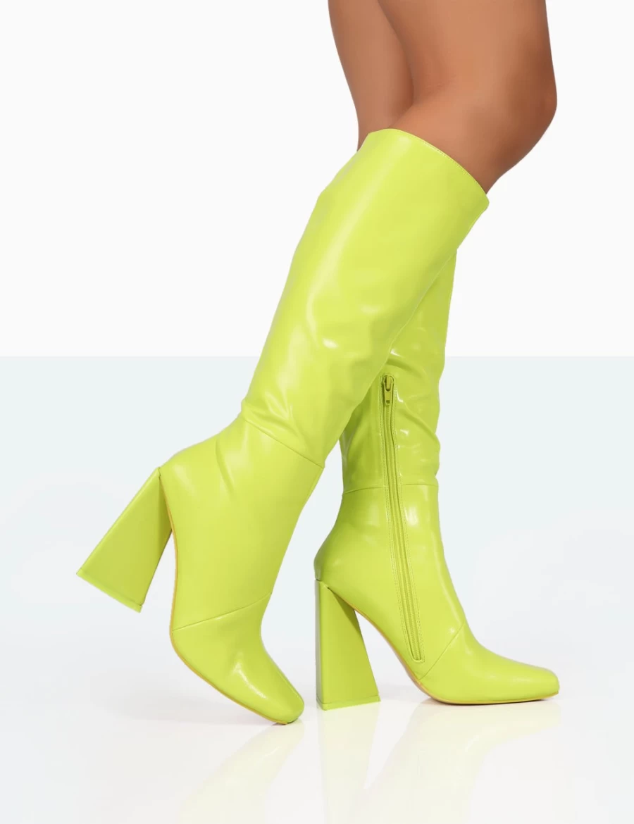 Public Desire Women's White Senna Lime Knee High Block Heel Boots