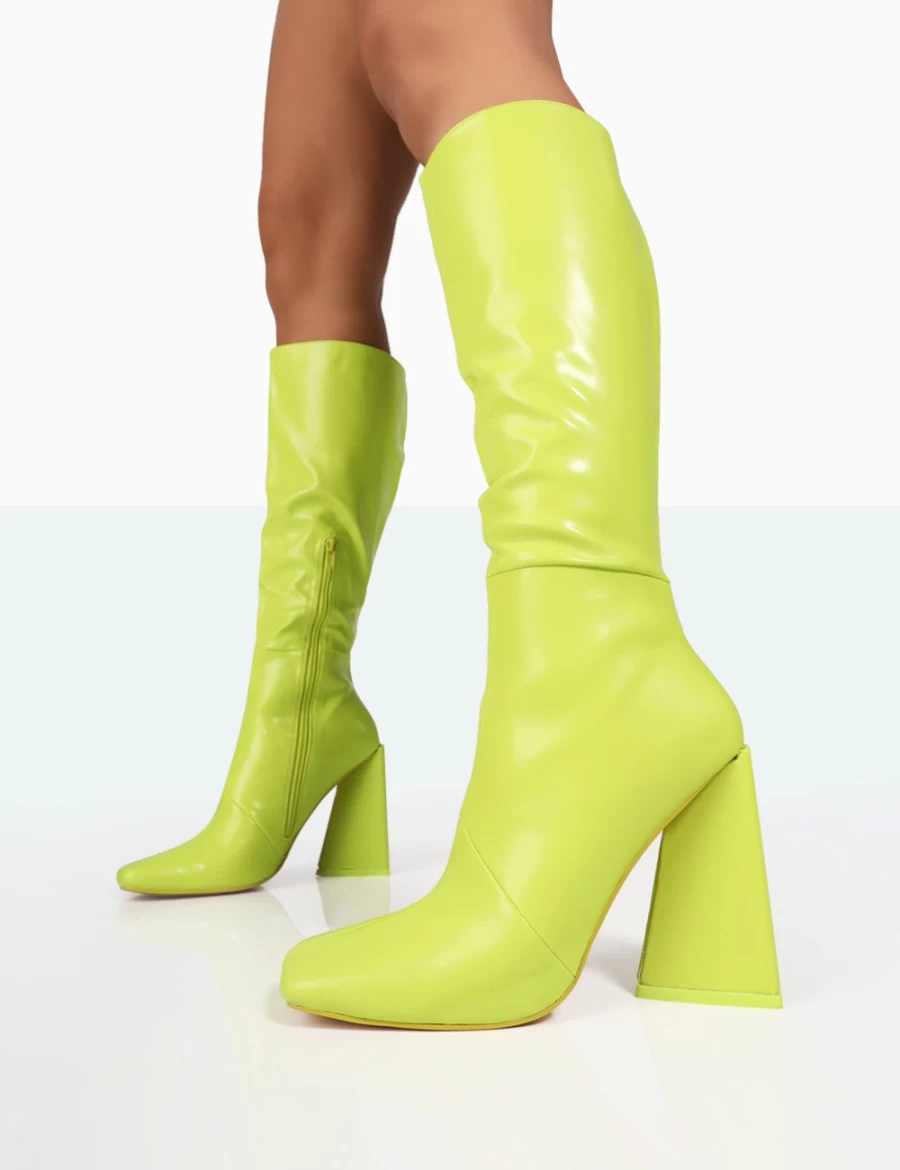 Public Desire Women's White Senna Lime Knee High Block Heel Boots