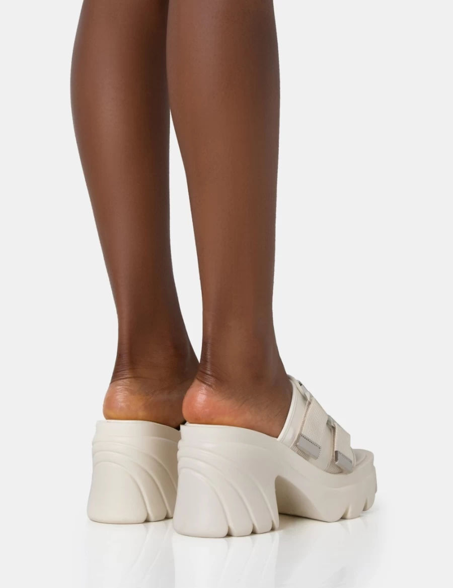 Public Desire Women's Cream Oslo Buckle Mule Sandals with Platform Mid Heel