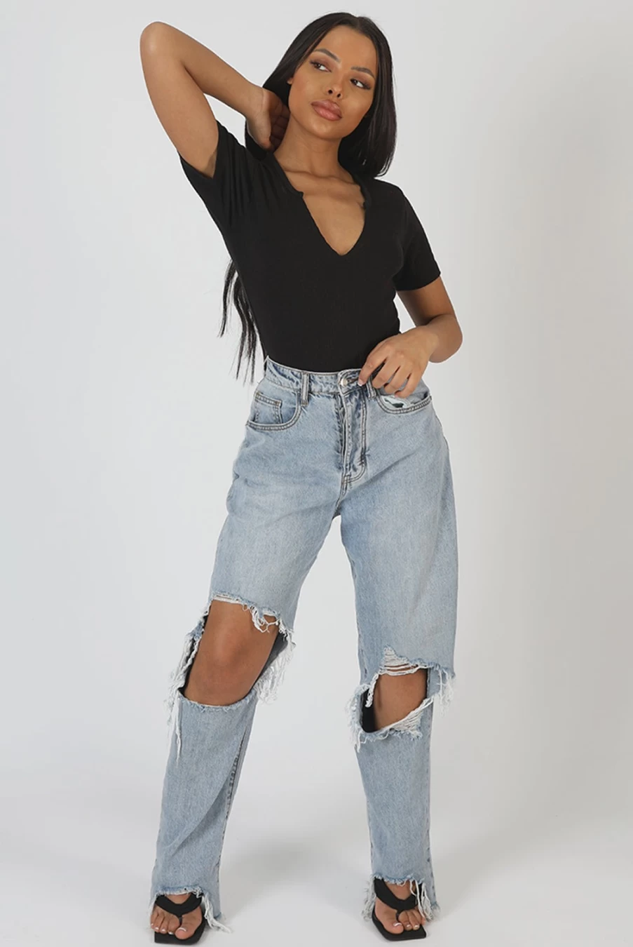 Public Desire Women's Black Knotch Front Short Sleeve Ribbed Bodysuit - Sexy Fitted Tank Top Bodysuit for Women