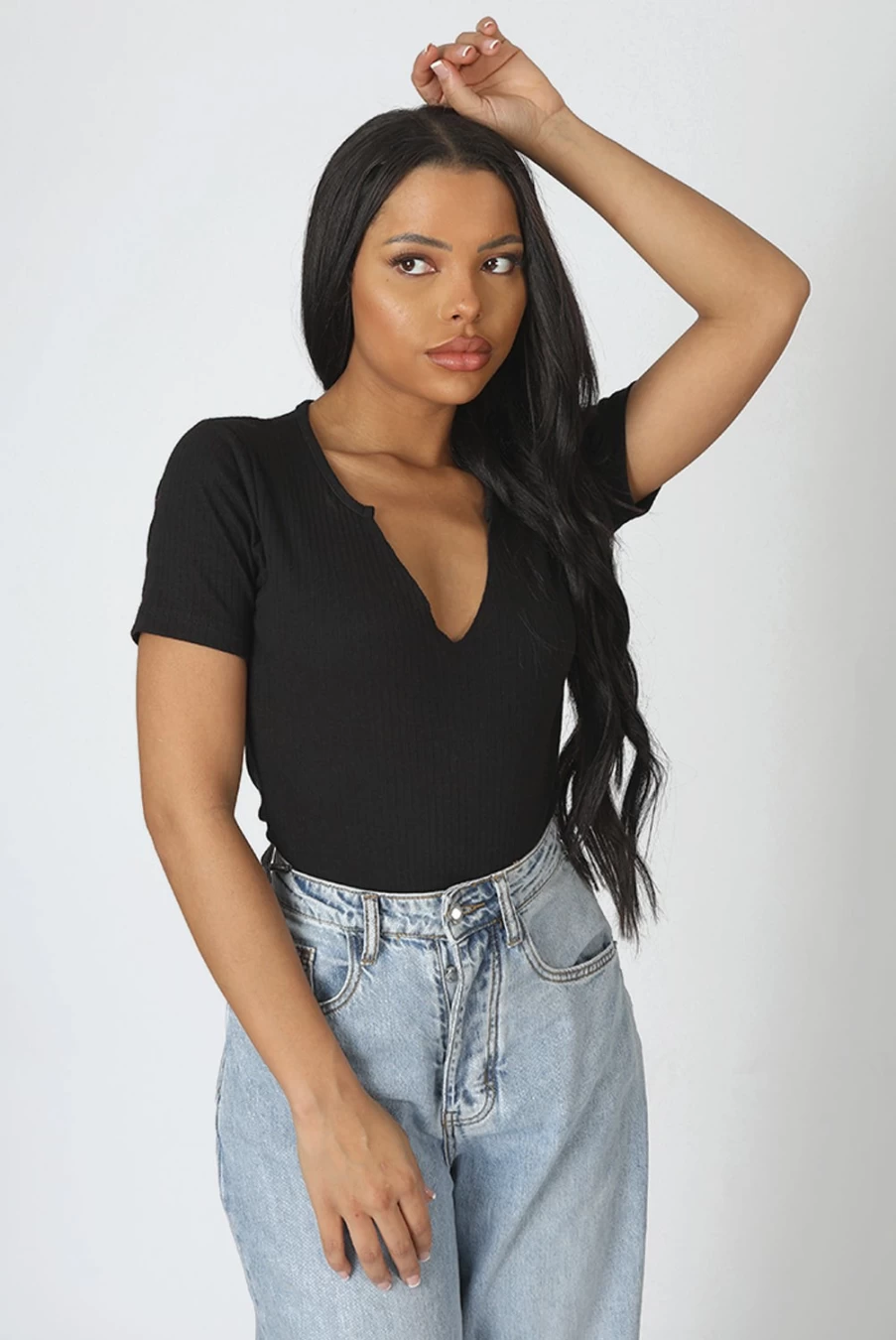 Public Desire Women's Black Knotch Front Short Sleeve Ribbed Bodysuit - Sexy Fitted Tank Top Bodysuit for Women
