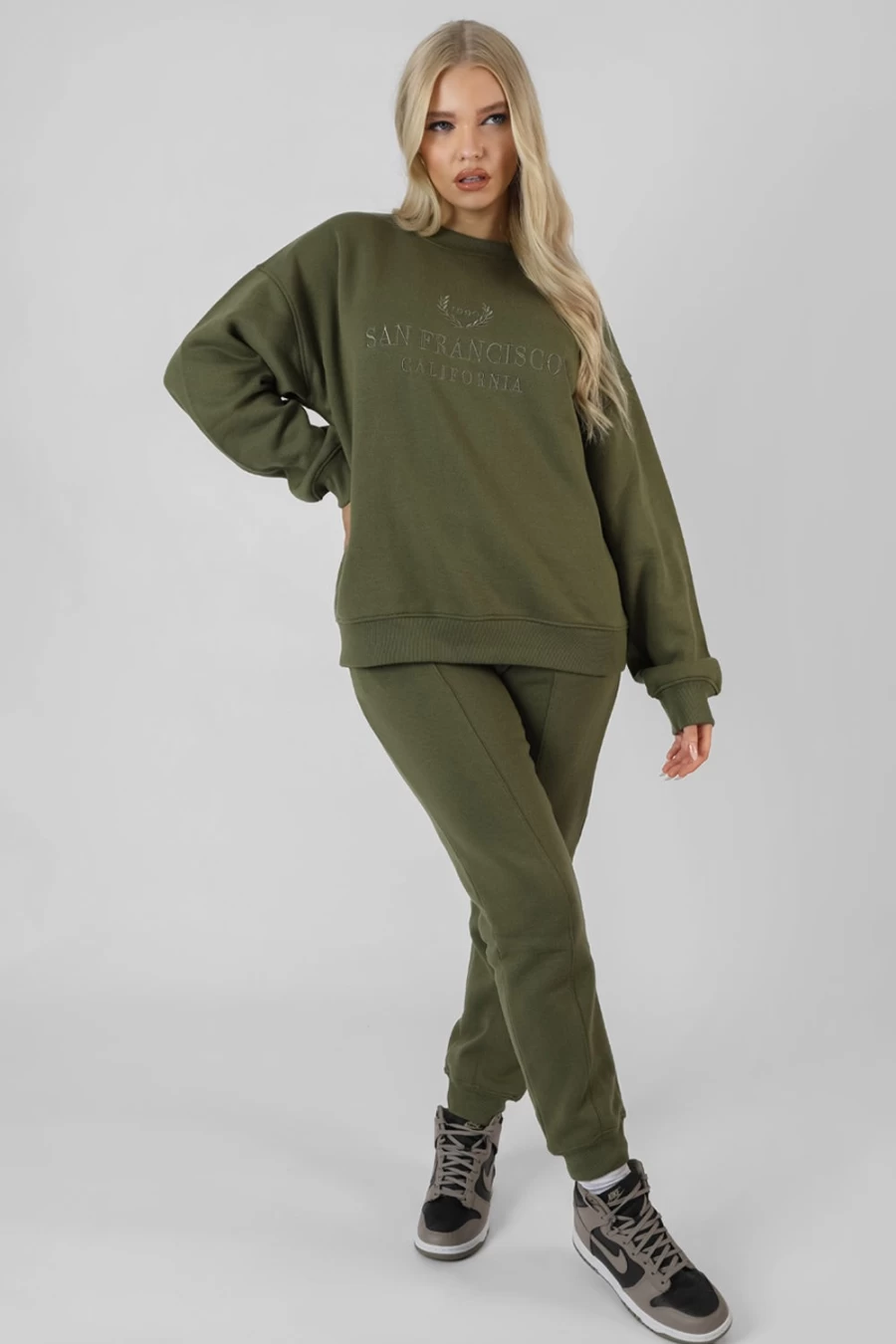Women's Khaki Oversized Embroidered Sweatshirt | Public Desire