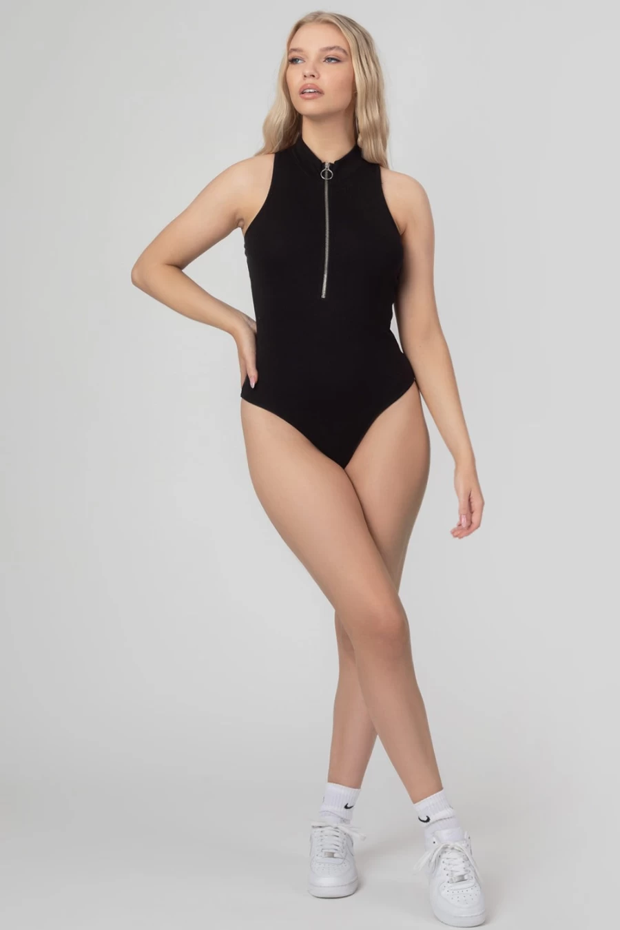 "Public Desire Women's Black Zip Front Racer Bodysuit - Stylish Fitted One-Piece Outfit"