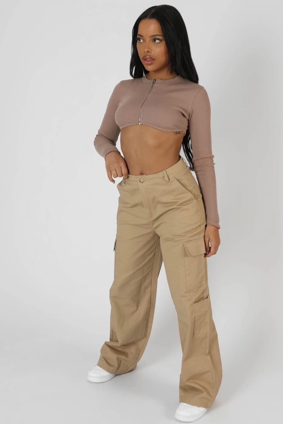 Women's Sand Wide Leg Cargo Trousers with Pocket Detail | Public Desire