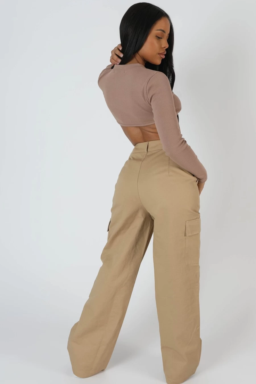 Women's Sand Wide Leg Cargo Trousers with Pocket Detail | Public Desire