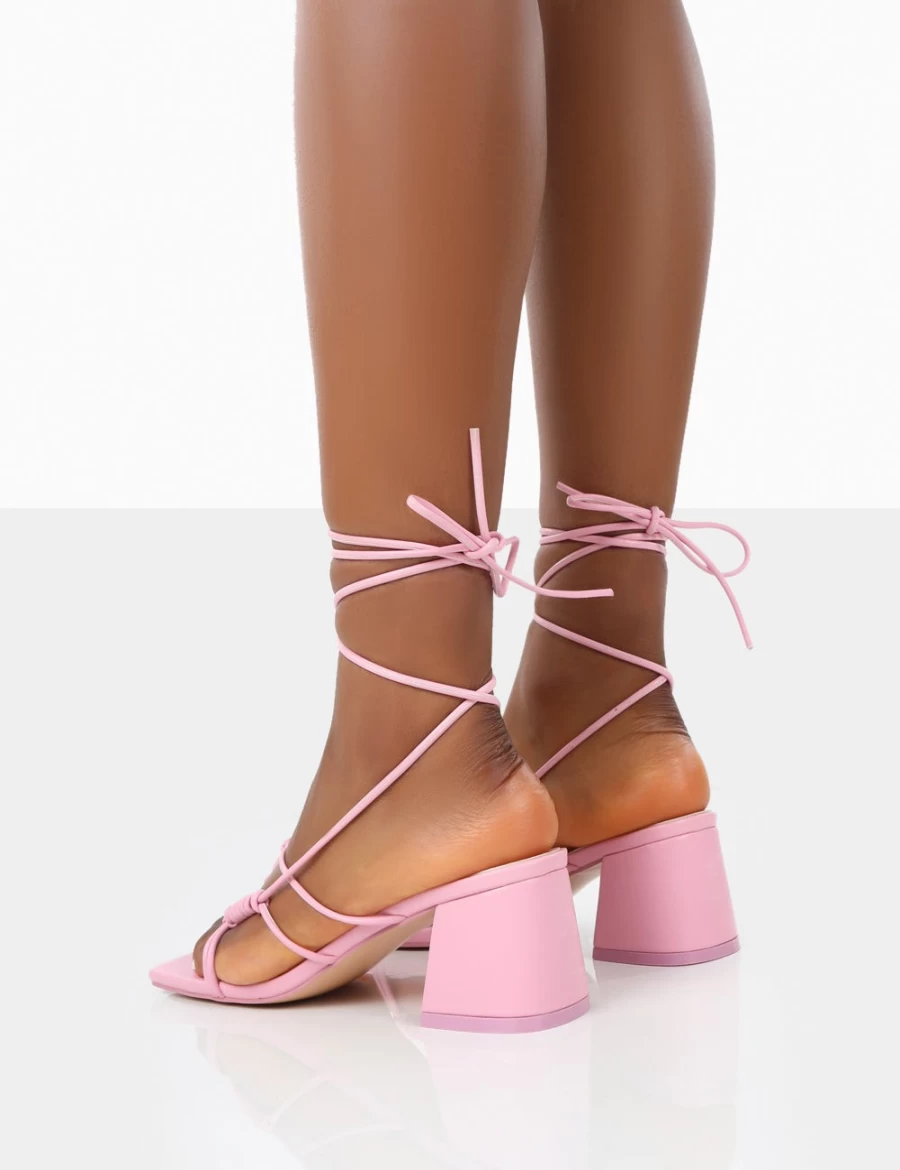 Public Desire Women's Pink Pu Square Toe Lace Up Block Mid Heel Sandals