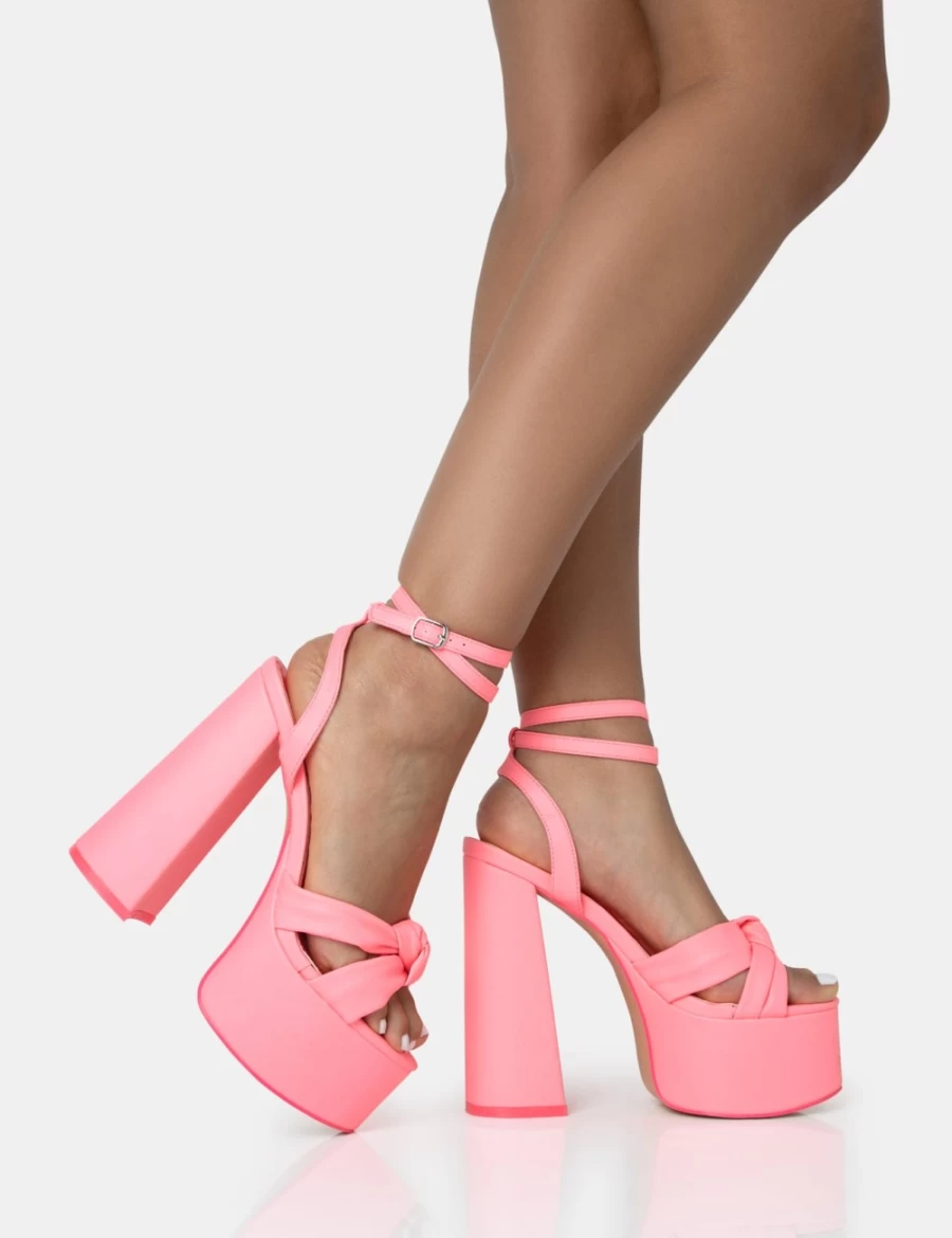 Public Desire Women's Pink Leo Edition Neon Round Toe Platform Block Heels