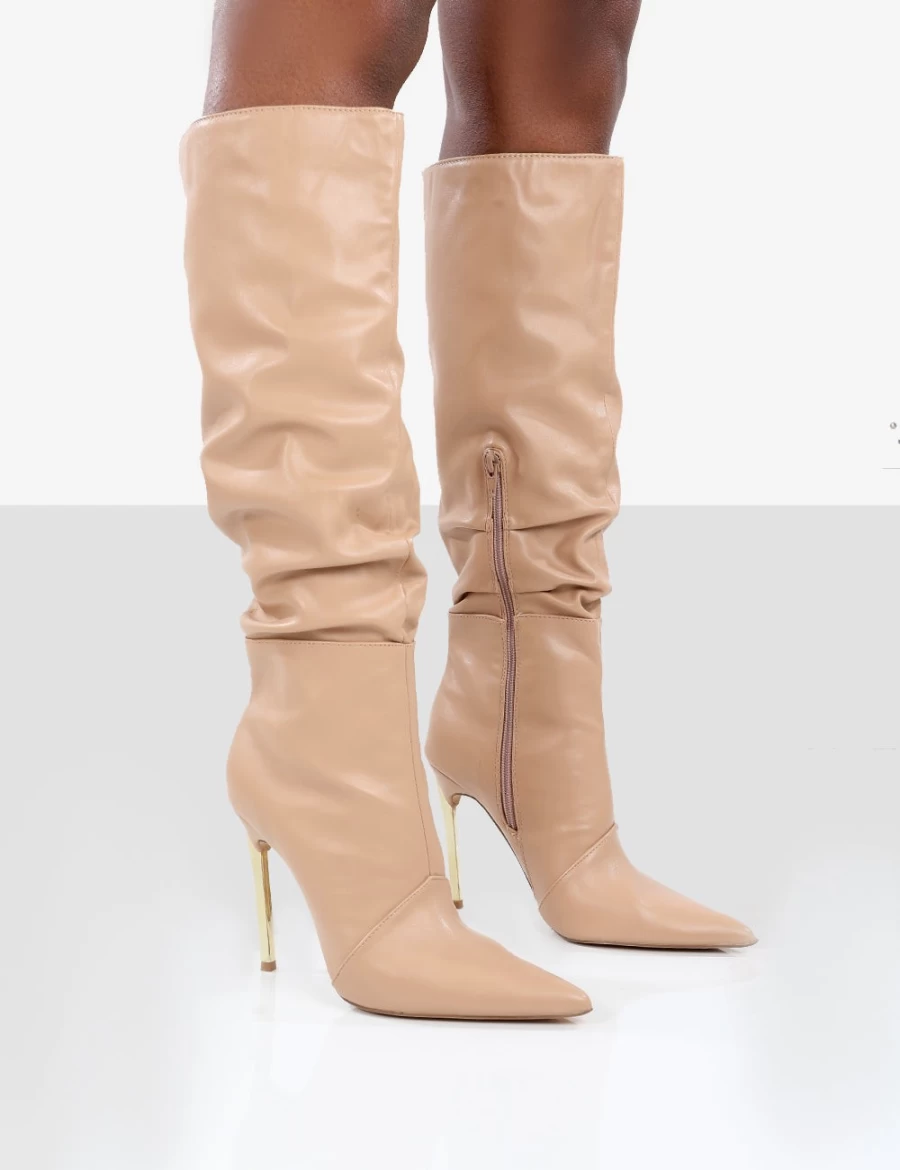 Public Desire Women's Nude Monica PU Pointed Toe Stiletto Knee High Boots