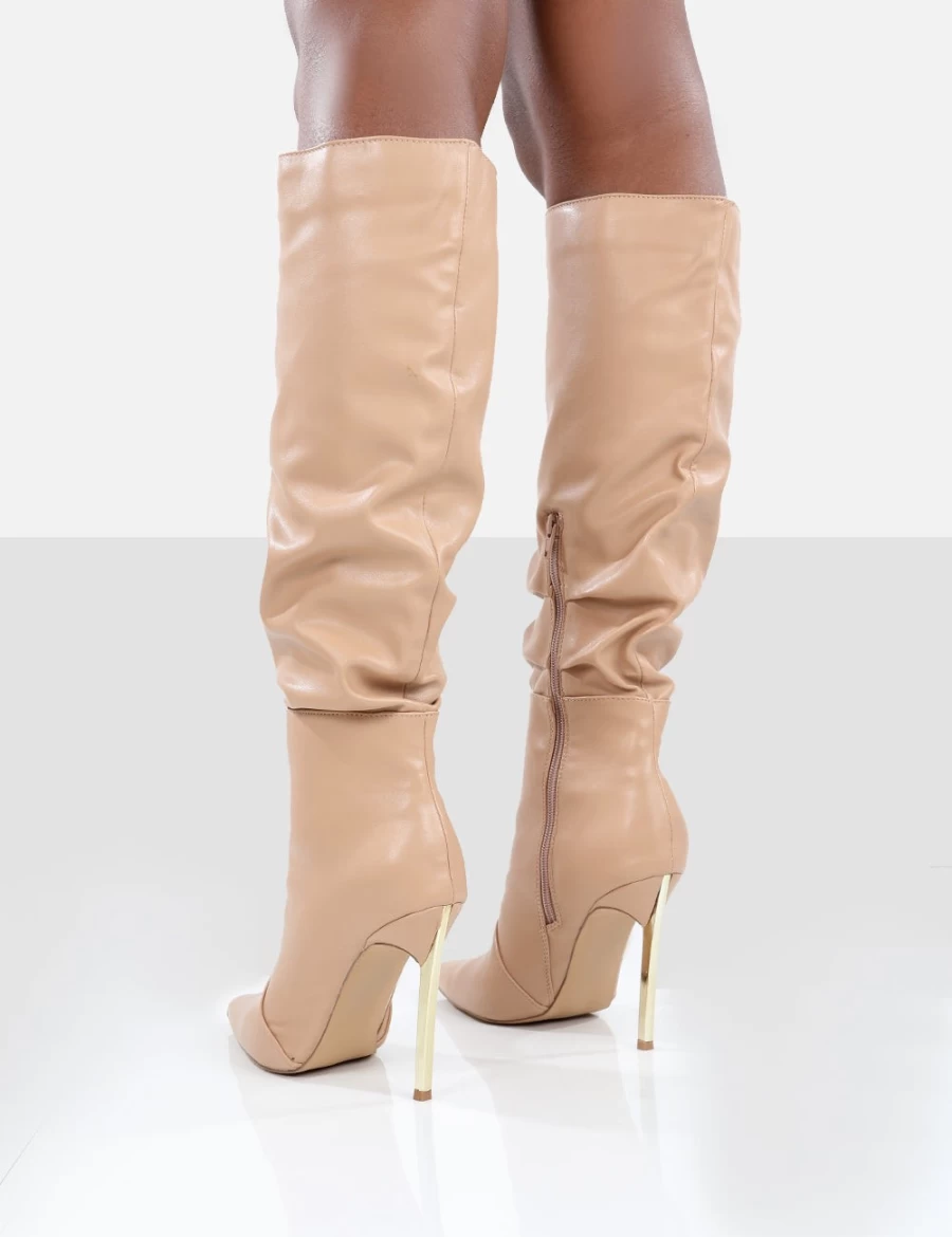 Public Desire Women's Nude Monica PU Pointed Toe Stiletto Knee High Boots