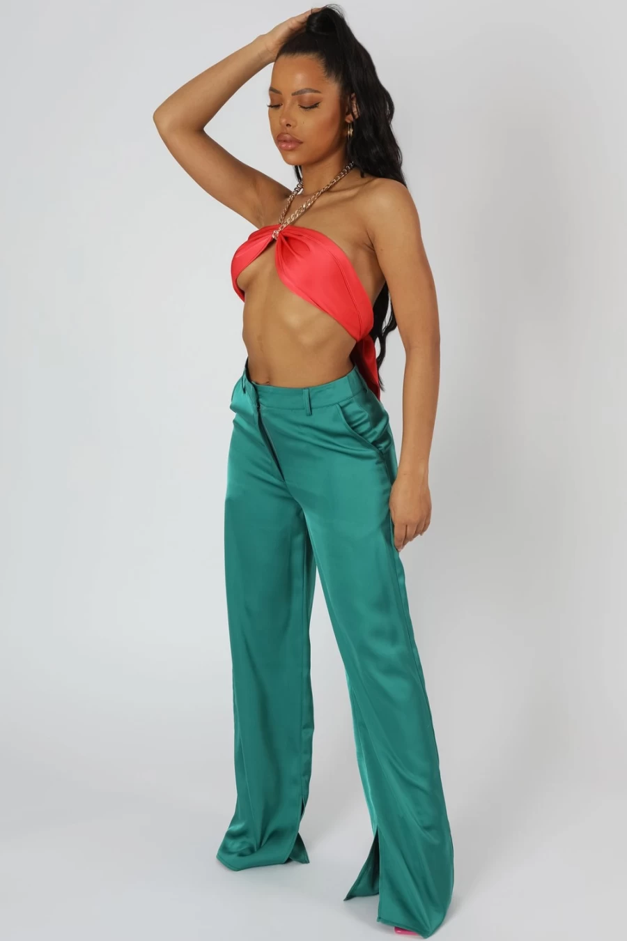 Public Desire Women's Green Wide Leg Split Hem Satin Tailored Trousers