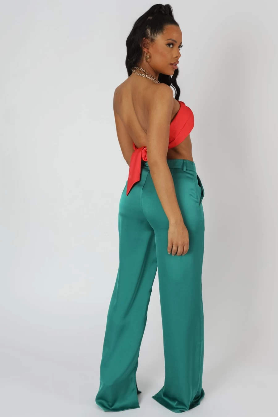 Public Desire Women's Green Wide Leg Split Hem Satin Tailored Trousers