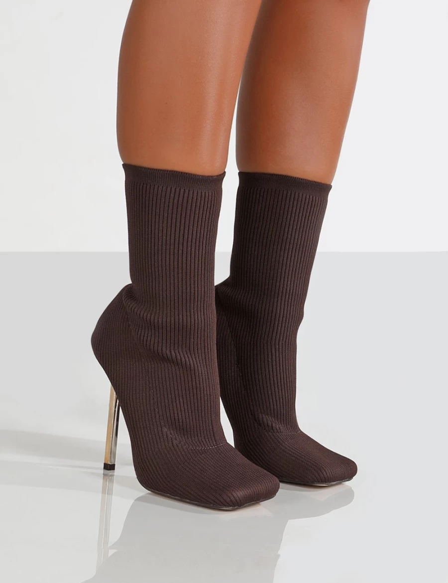Public Desire Women's Brown Souffle Chocolate Knit Stiletto Heel Ankle Boots