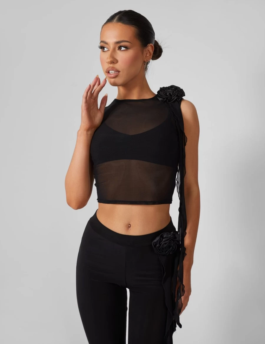 "Public Desire Women's Black Rose Detail Sleeveless Mesh Top"