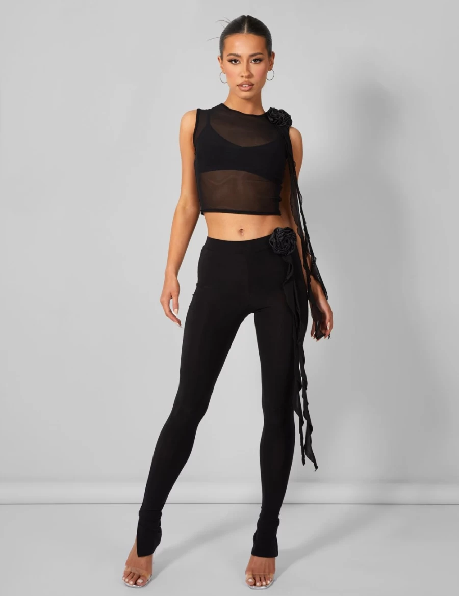 "Public Desire Women's Black Rose Detail Sleeveless Mesh Top"