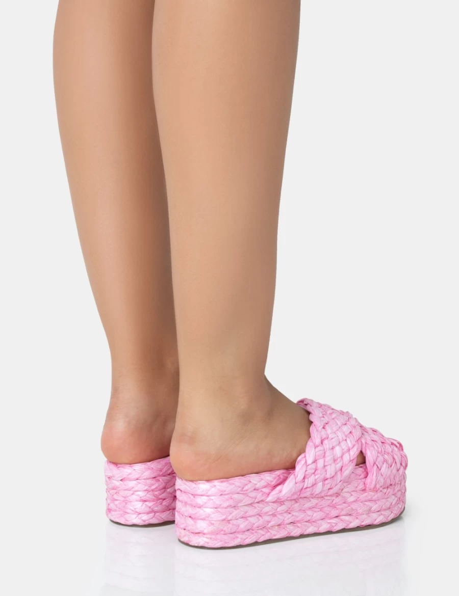 Public Desire Women's Pink Kos Raffia Cross Over Strap Platform Sandals Slip On Flats