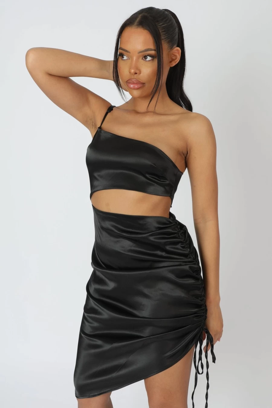 Public Desire Women's Black Asymmetric Cut Out Ruched Satin Midi Dress