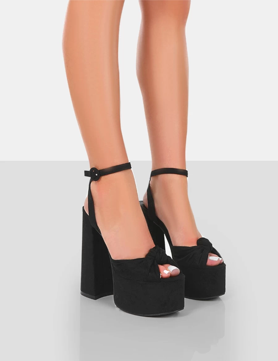 Public Desire Black Faux Suede Knotted Platform High Heel Sandals for Women