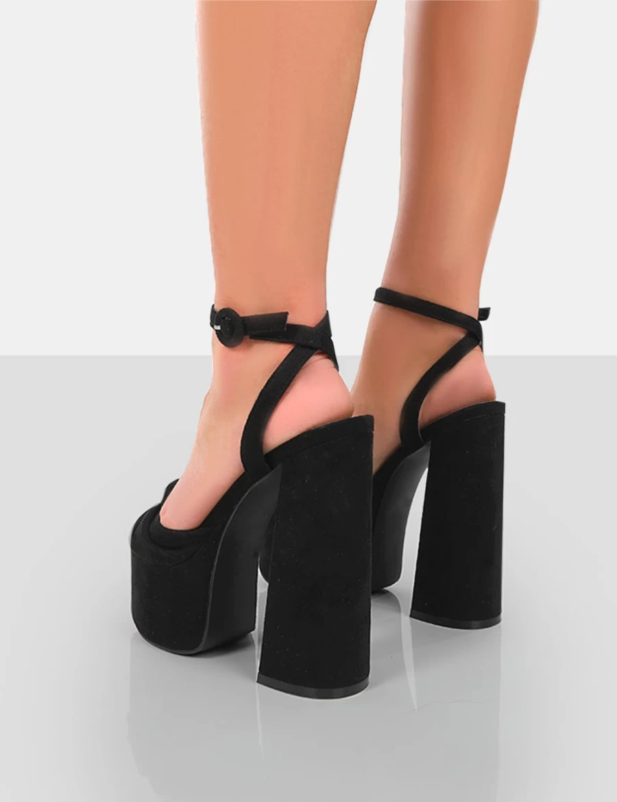 Public Desire Black Faux Suede Knotted Platform High Heel Sandals for Women