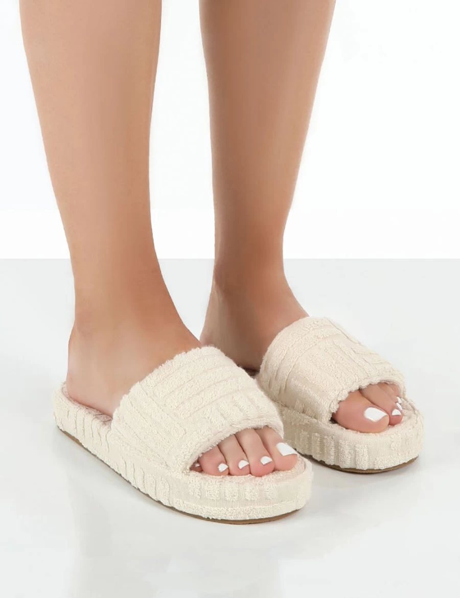 Public Desire Women's White Juicy Ecru Terry Towel Slider Slippers