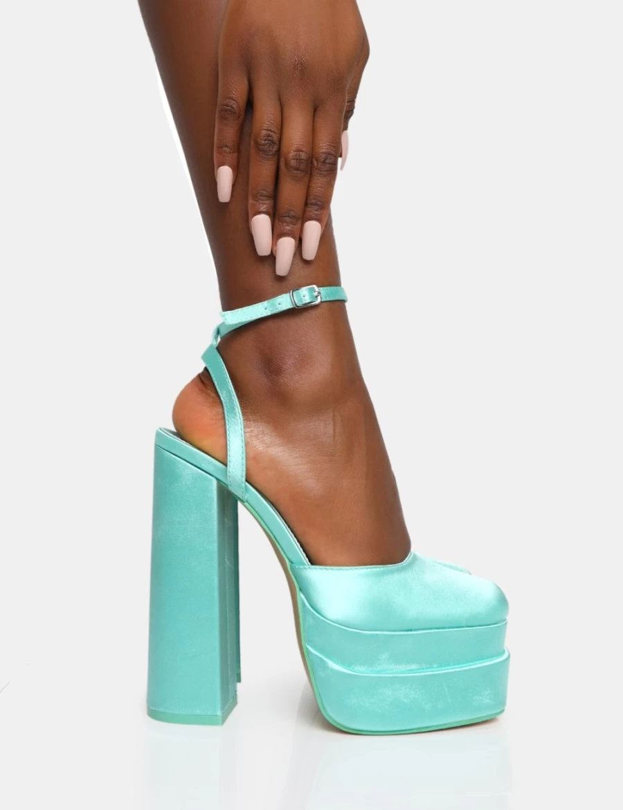 Public Desire Women's Turquoise Moonchild Satin Platform Heels - Closed Toe Block Heels