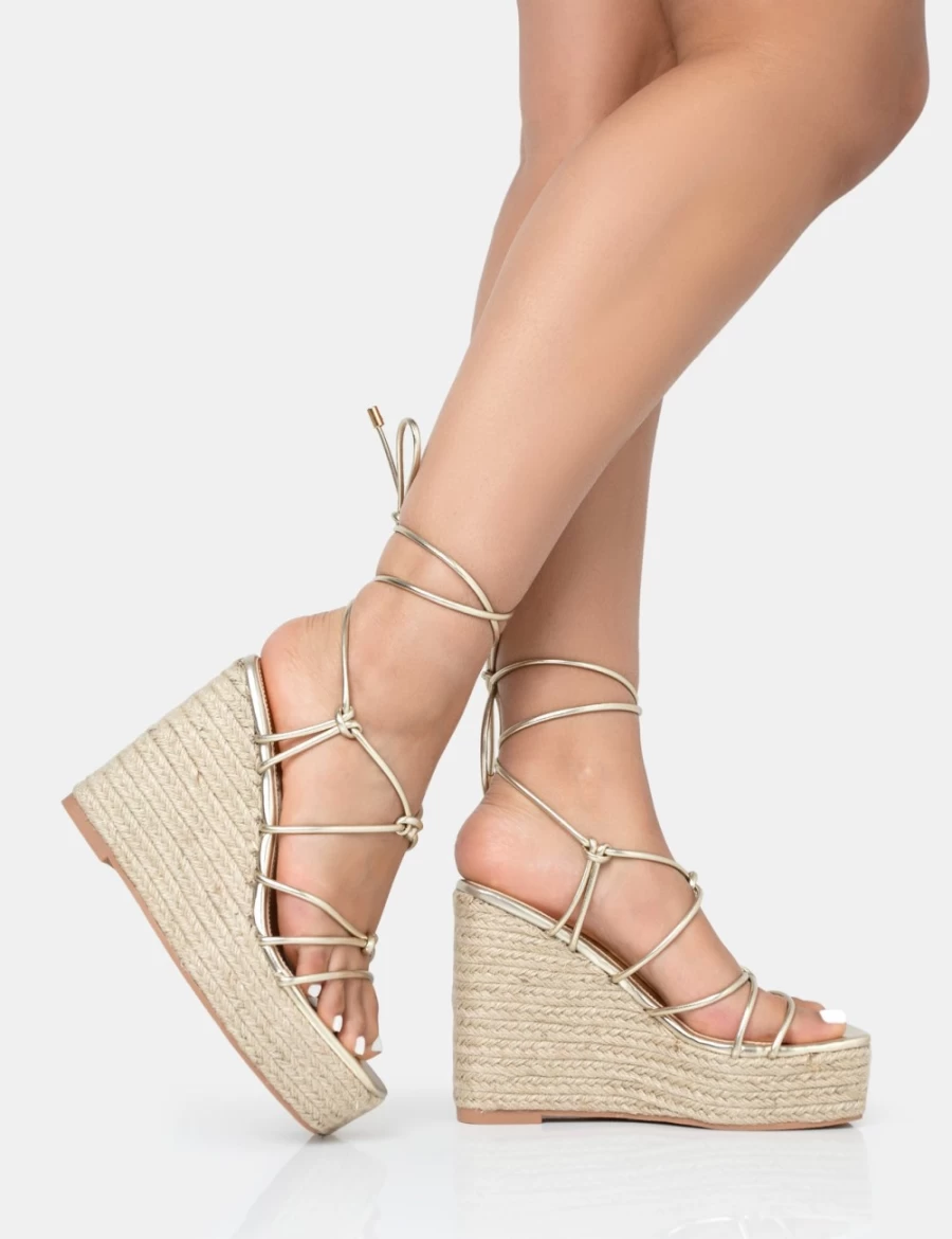 Public Desire Women's Gold Square Toe Lace Up High Heel Wedge Sandals - Islander Espadrille Style