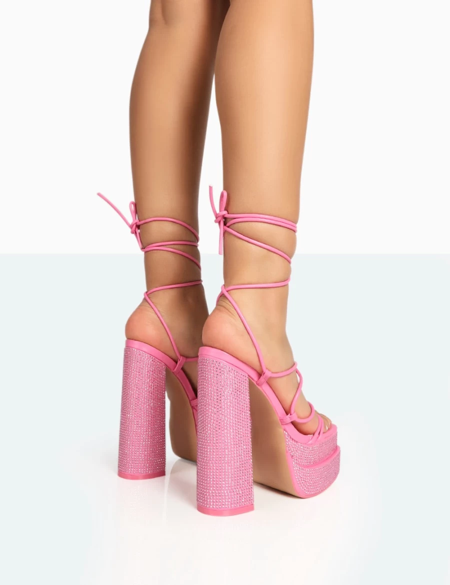 Public Desire Pink Glow Girl Diamante PU Lace Up Platform High Heels for Women