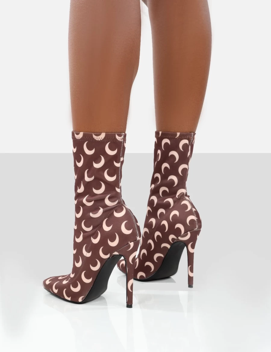 Public Desire Women's Brown Saturn Return Pointed Toe Stiletto Printed Sock Boots